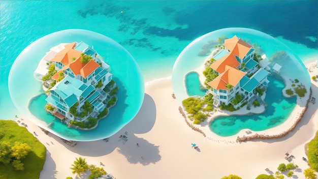 Aerial view bubble transparent houses beside the beach