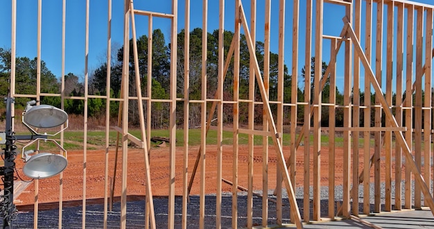 Aerial view the building construction wood framing beams of a new house under construction