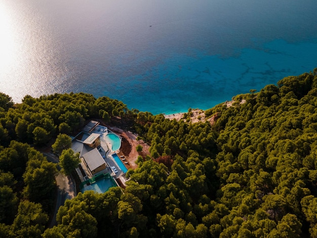 Aerial view of the building with pool at sea beach