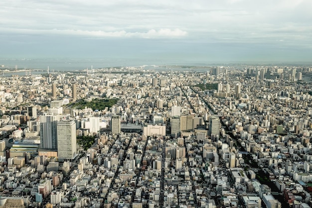 晴れた日に街の空の向こうの建物の空中景色