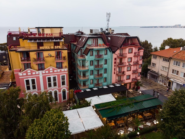 Aerial view of buildings in Bulgarian town Pomorie Drone view from above Summer holidays destination