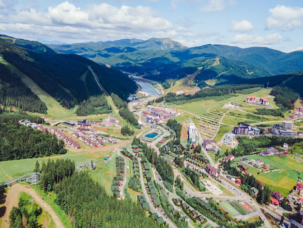 Aerial view of bukovel in ukrainian carpathian mountains. summertime