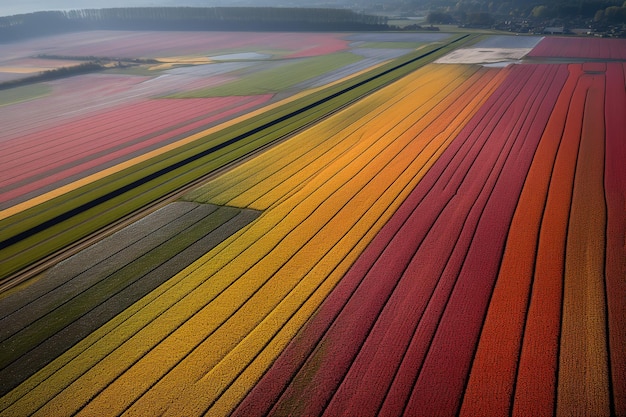 Foto vista aerea dei campi di bulbi nell'illustrazione primaverile ai generative