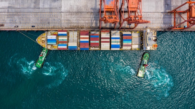 Aerial view bulk carrier dock Global business import export logistic and transportation company Commercial dock container cargo vessel freight shipping worldwide