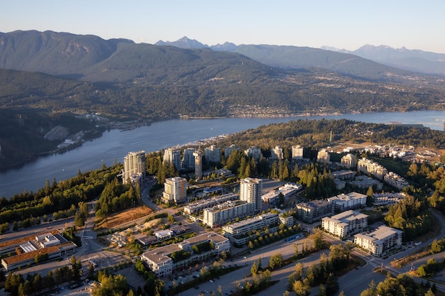 Aerial view of Burnaby Mountain during a vibrant sunny summer sunset