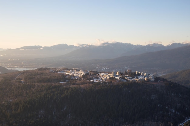 Aerial view of Burnaby Mountain during a vibrant sunset