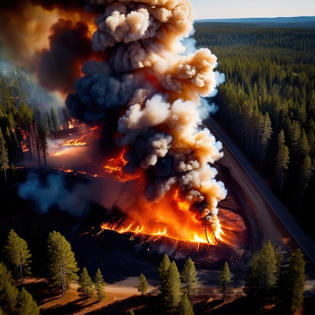 燃える森林火災のエコロジカル災害の空中写真