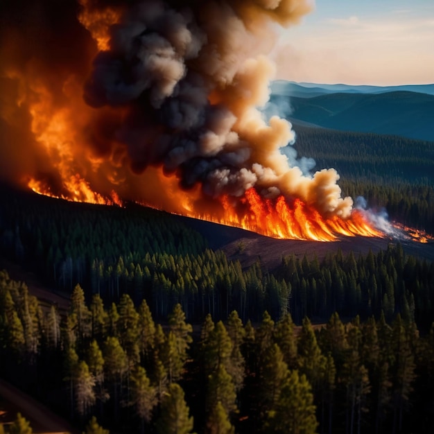 Aerial view of burning forest fire ecological disaster