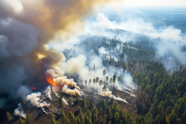 Вид с воздуха на горящий лес с огнем и дымом Генерирующая иллюстрация ИИ