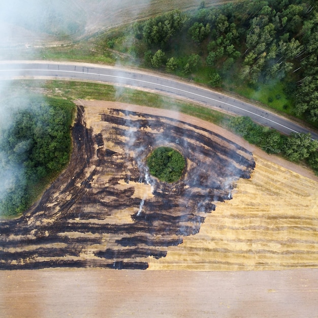 Aerial view of burning wheat field with smoke and road