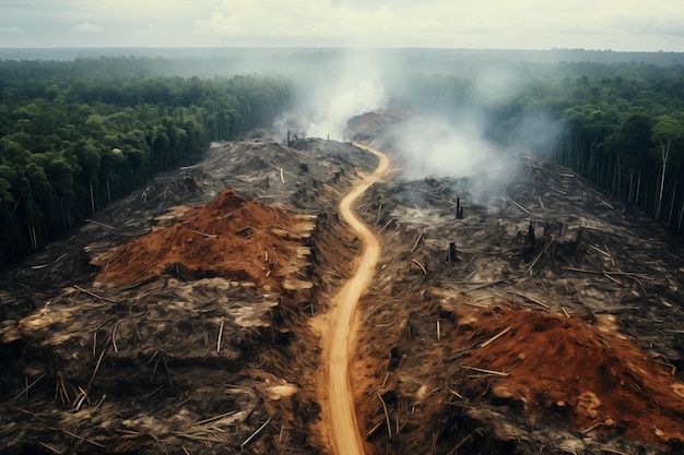 Aerial view of burnt forest after wildfire