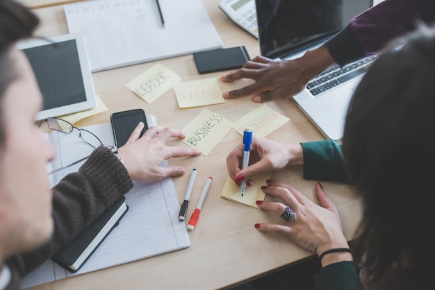 Aerial view business hands planning