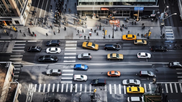 An aerial view of a bustling city intersection captured in an image