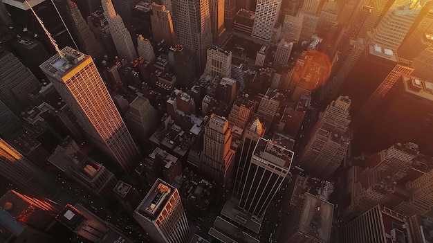 Aerial view of a bustling cityscape at sunset