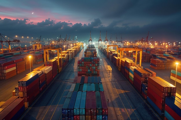 空から見ると混雑したコンテナ港は忙しいドックで夜に輝いていますコンテナと運用車両が積み重ねられています産業用輸送貨物コンセプト
