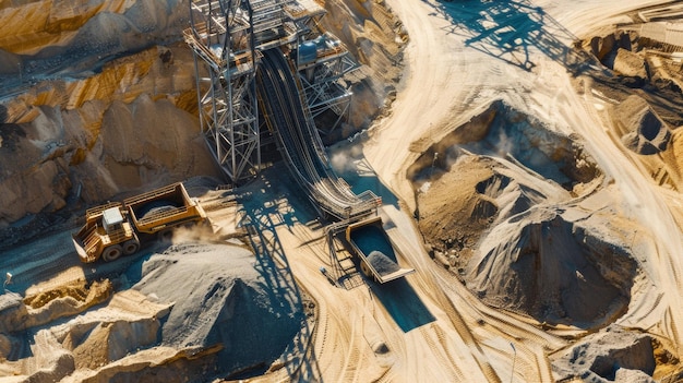 Photo aerial view of a bustling quarry site with heavy machinery and textured earth