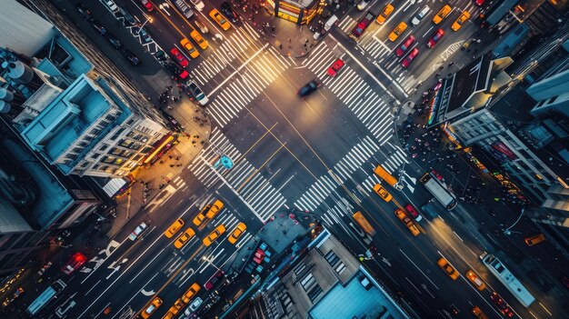 Aerial view of busy city intersection with taxis resplendent