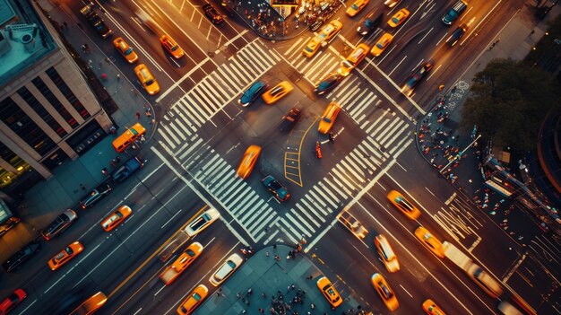 Aerial view of busy city intersection with taxis resplendent