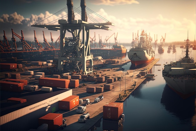 Aerial view over a busy harbor with container ships cranes Generative Ai