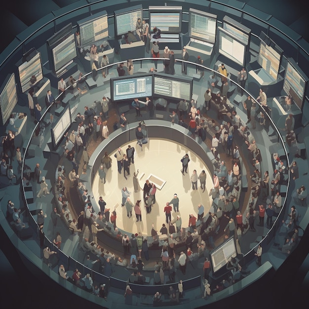 Aerial view of busy stock exchange with traders shouting and gesturing representing intensity