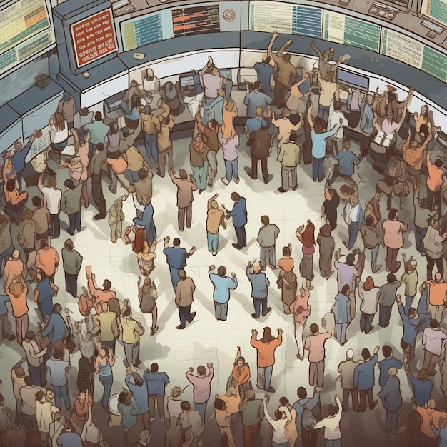 Aerial view of busy trading floor with people shouting and gesturing representing energy