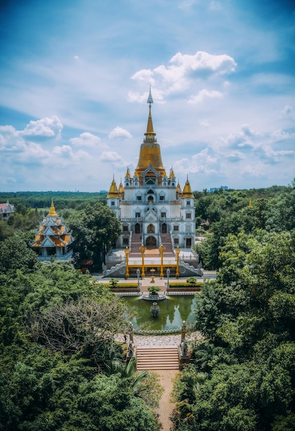 Aerial view of buu long pagoda in ho chi minh city a beautiful\
buddhist temple hidden away in ho chi minh city at vietnam a mixed\
architecture of india myanmar thailand laos and viet nam