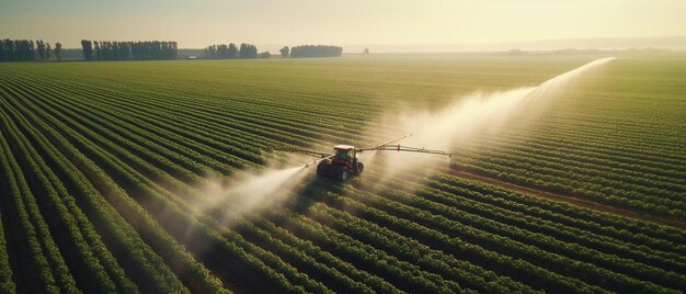 Photo aerial view by a drone of a potato field being irrigated by a powerful irrigation system