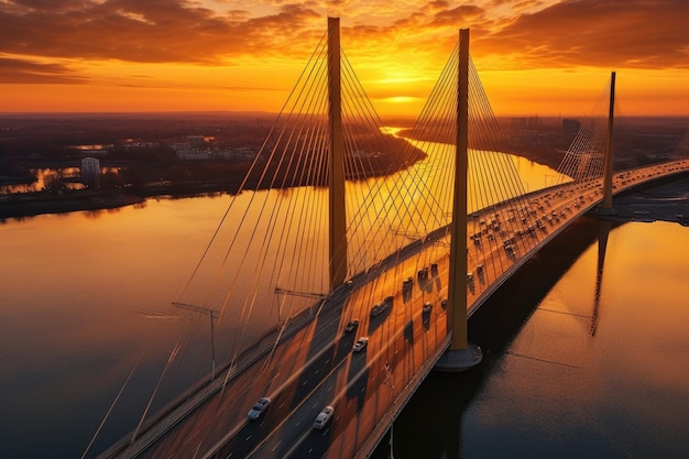 Aerial view of a cablestayed bridge at sunset created with generative ai