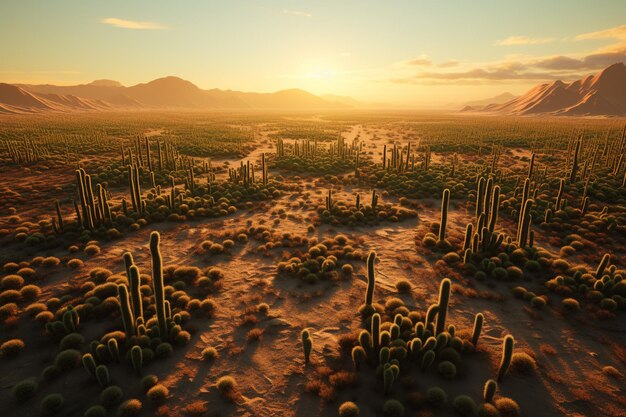 Aerial view of a cactus field at golden hour Generative ai