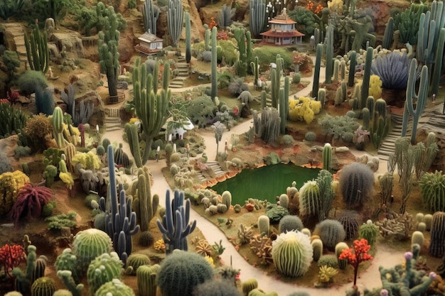 Aerial view of cactus garden with various species created with generative ai