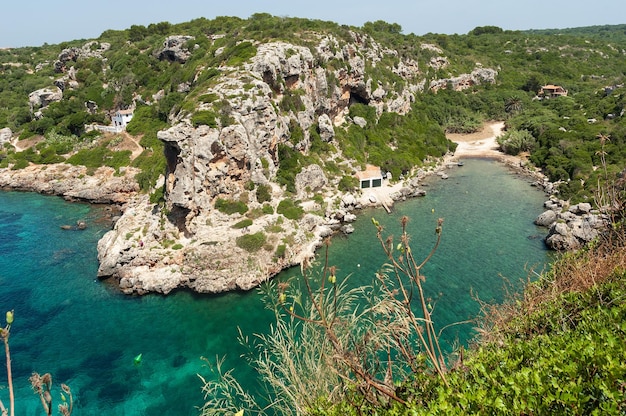 Aerial view of Cales Coves beach in Menorca balearic islands Spain