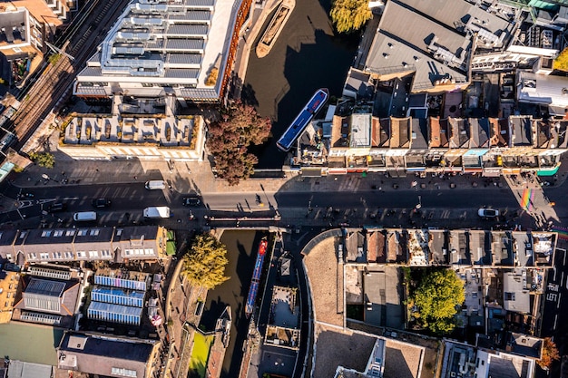 Aerial view of the Camden Lock Market in London, United Kingdom. Video of the Camden Town in London.