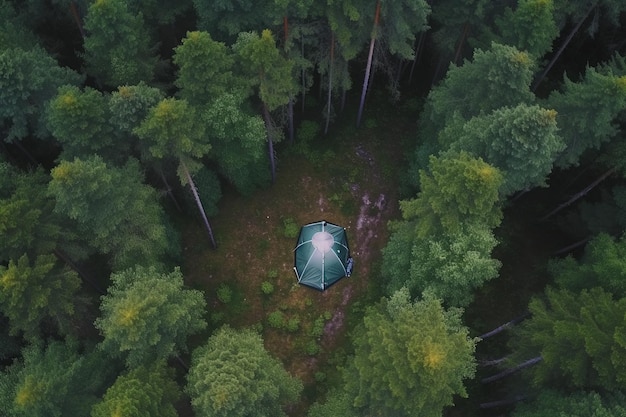Aerial view of a camping tent in the middle of a forest Generative AI