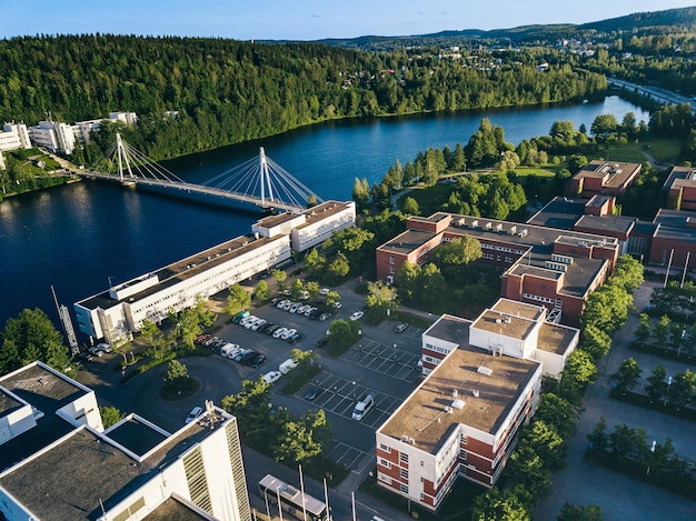 Aerial view of Campus area with Ylisto bridge over river to in Jyvaskyla Finland