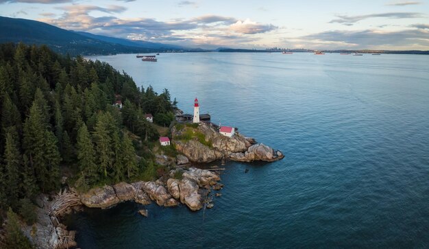 Aerial view of a Canadian Landscape during a cloudy summer sunset