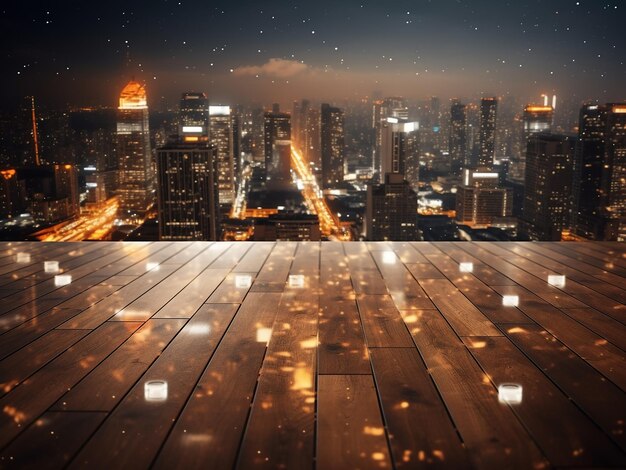 aerial view captures wooden floor against city lights