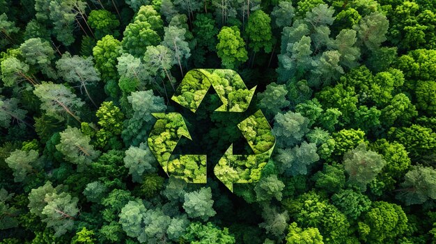 Photo an aerial view capturing a forest canopy that forms a natural recycle symbol