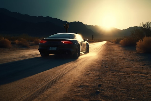 Aerial view of a car on a desert road