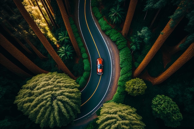 An aerial view of car driving down winding road in the middle of forest Generative AI