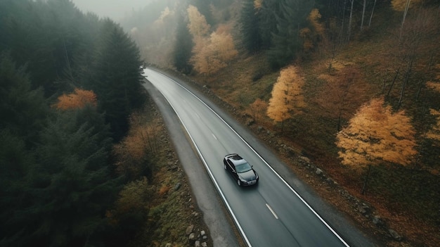 Взгляд с воздуха на машину, едущую по дороге в осеннем лесу