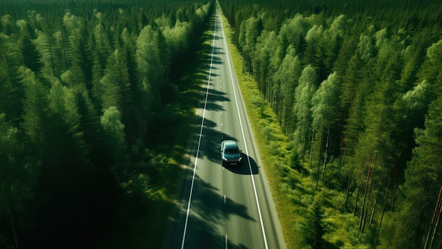 Aerial view of a car driving on the road in the forest