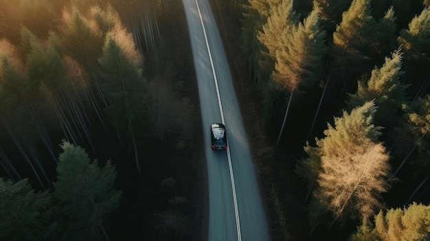 Aerial view of a car driving on the road in the forest