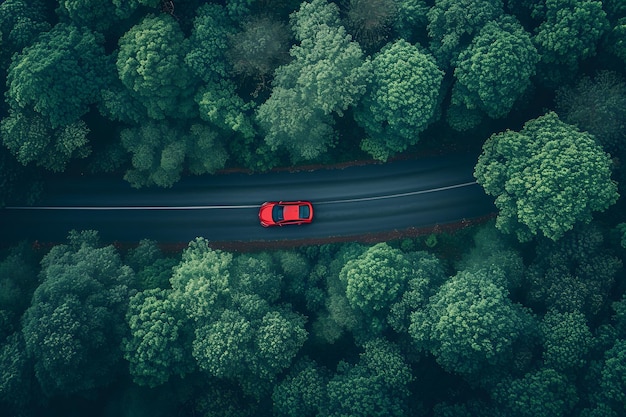 森 の 中 の 道路 で 車 を 運転 する 様子 を 空から 見る