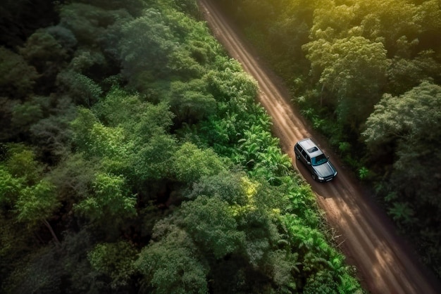 Aerial view of car driving on the road in tropical forest Generative AI