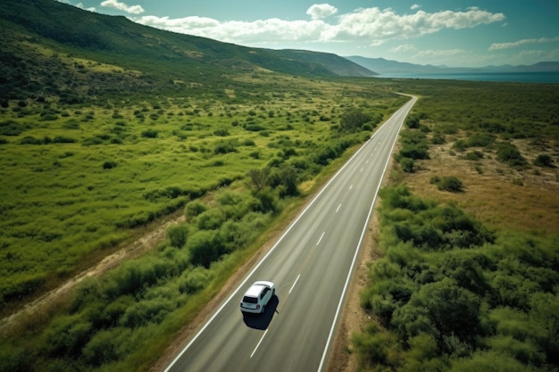 Aerial view of car on road in Sardinia Italy