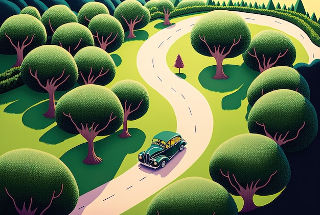 Aerial view of a car traveling down a winding road in the countryside which is framed by trees