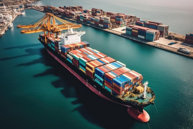 Aerial view of a cargo container ship fully loaded container ship against the background of a cargo terminal in a seaport port cranes railroads global freight logistics concept 3d illustration