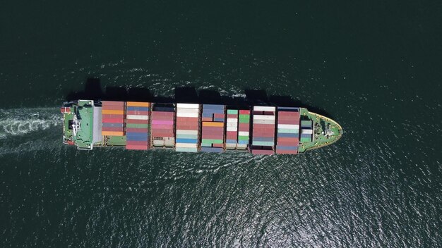 Aerial view of cargo container ship in the sea