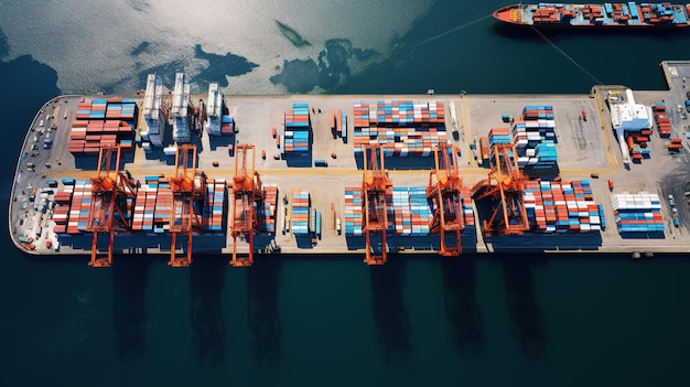 Aerial view of a cargo port container ship in import export and business logistic