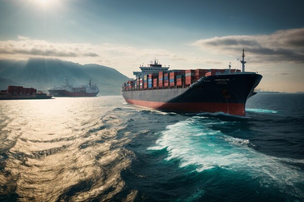 Foto vista aerea di una nave cargo e di un container cargo in porto